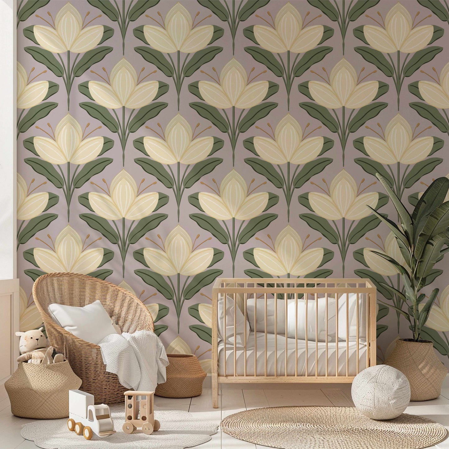 Deco Magnolias Peel and Stick Wallpaper - Floral, Botanical, Art Deco