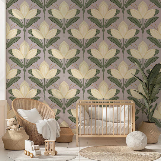 Deco Magnolias Peel and Stick Wallpaper - Floral, Botanical, Art Deco