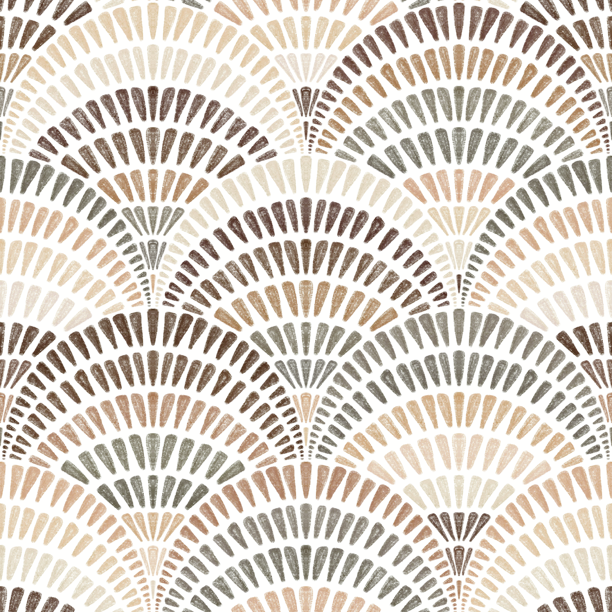 A repeating art deco fan pattern in warm beige, taupe, brown, and muted gray on a white background.