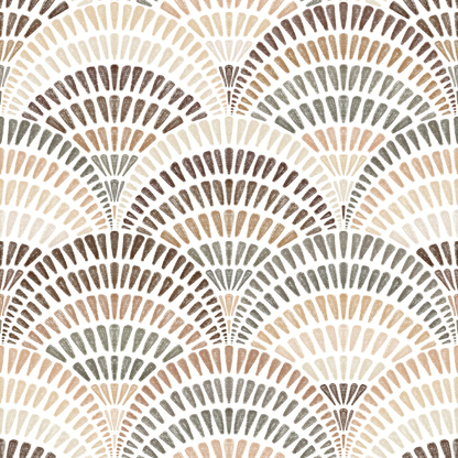 A repeating art deco fan pattern in warm beige, taupe, brown, and muted gray on a white background.