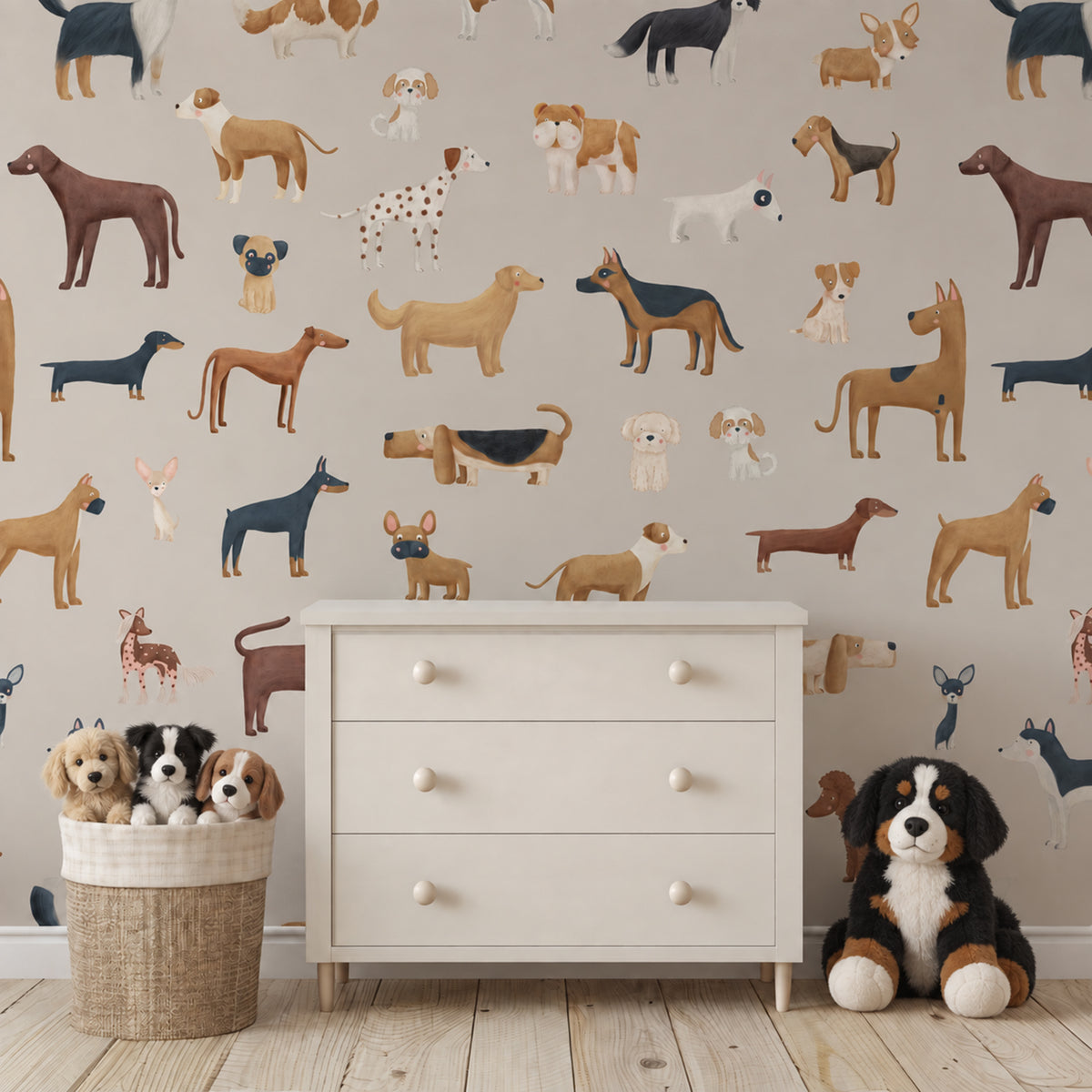 Dog Breeds peel and stick wallpaper in Abalone styled in a room