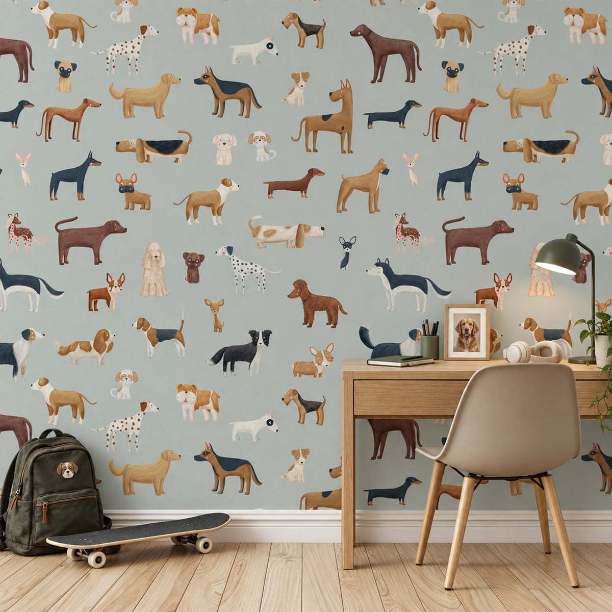Blue Dog Breeds peel and stick wallpaper styled in a room