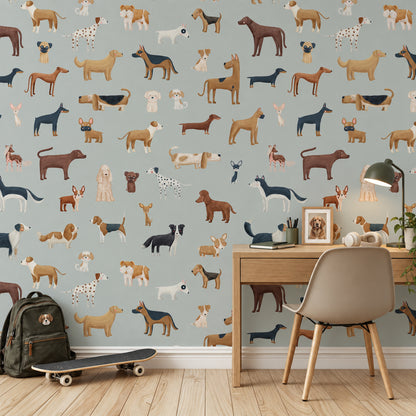 Blue Dog Breeds peel and stick wallpaper styled in a room