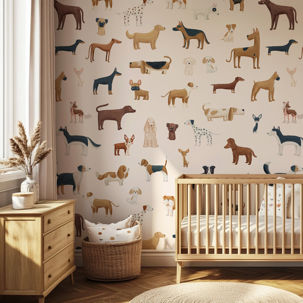 Cream Dog Breeds peel and stick wallpaper styled in a room