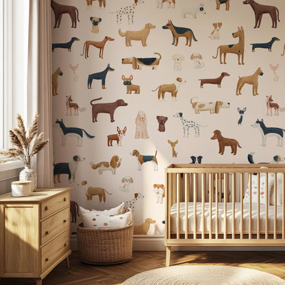 Cream Dog Breeds peel and stick wallpaper styled in a room