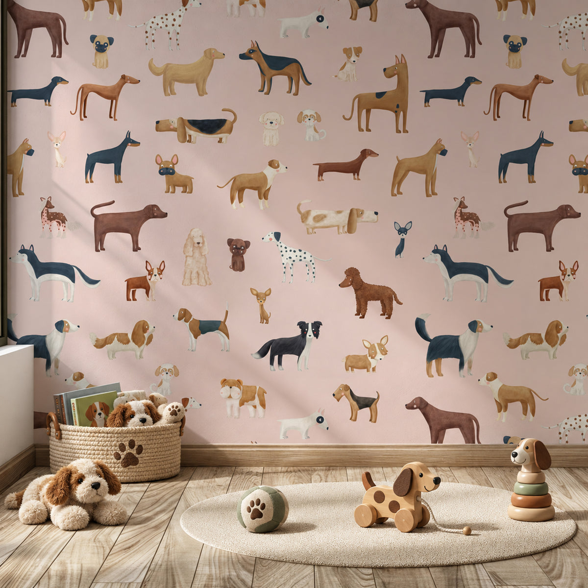 Pink Dog Breeds peel and stick wallpaper styled in a room