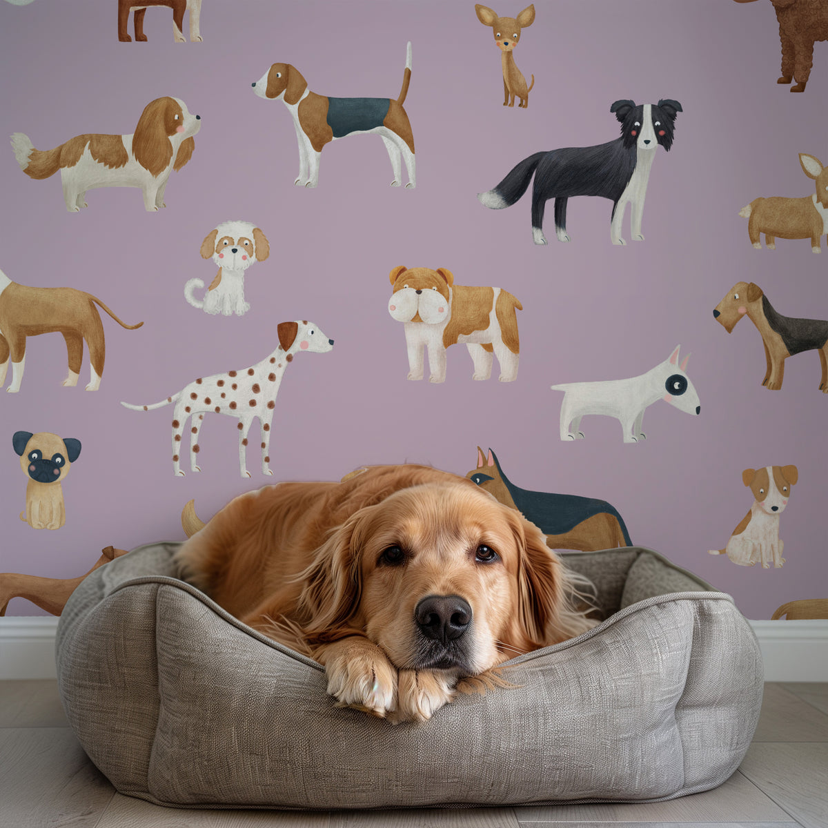 Purple Dog Breeds peel and stick wallpaper styled in a room