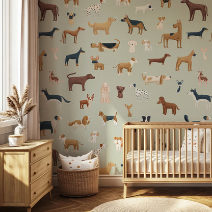 Sage Dog Breeds peel and stick wallpaper styled in a room
