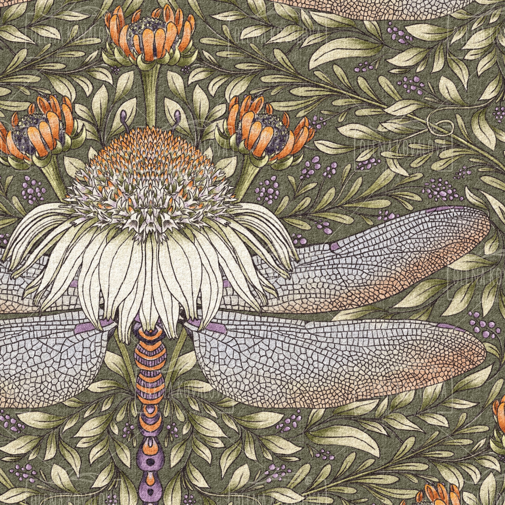 Dragonfly and Cornflower Biophilic Green peel and stick wallpaper pattern detail