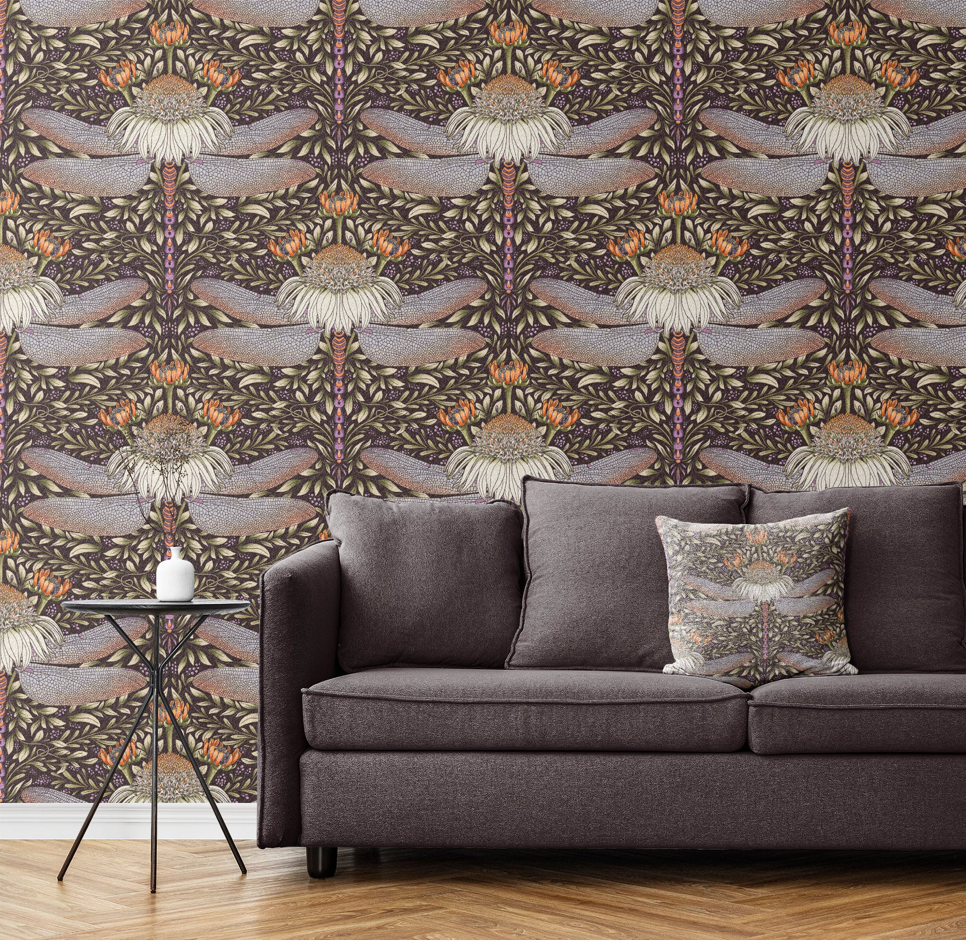 Dragonfly and Cornflower peel and stick wallpaper room mockup
