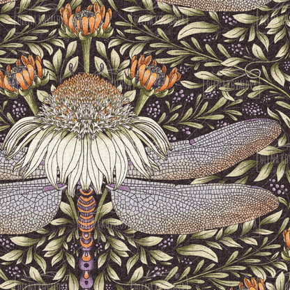 Dragonfly and Cornflower Dark Chocolate peel and stick wallpaper pattern detail
