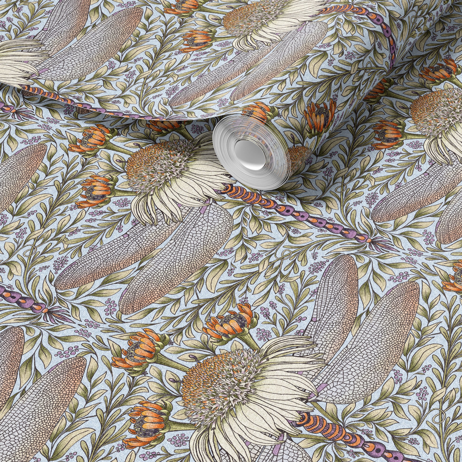 Dragonfly and Cornflower peel and stick wallpaper room mockup