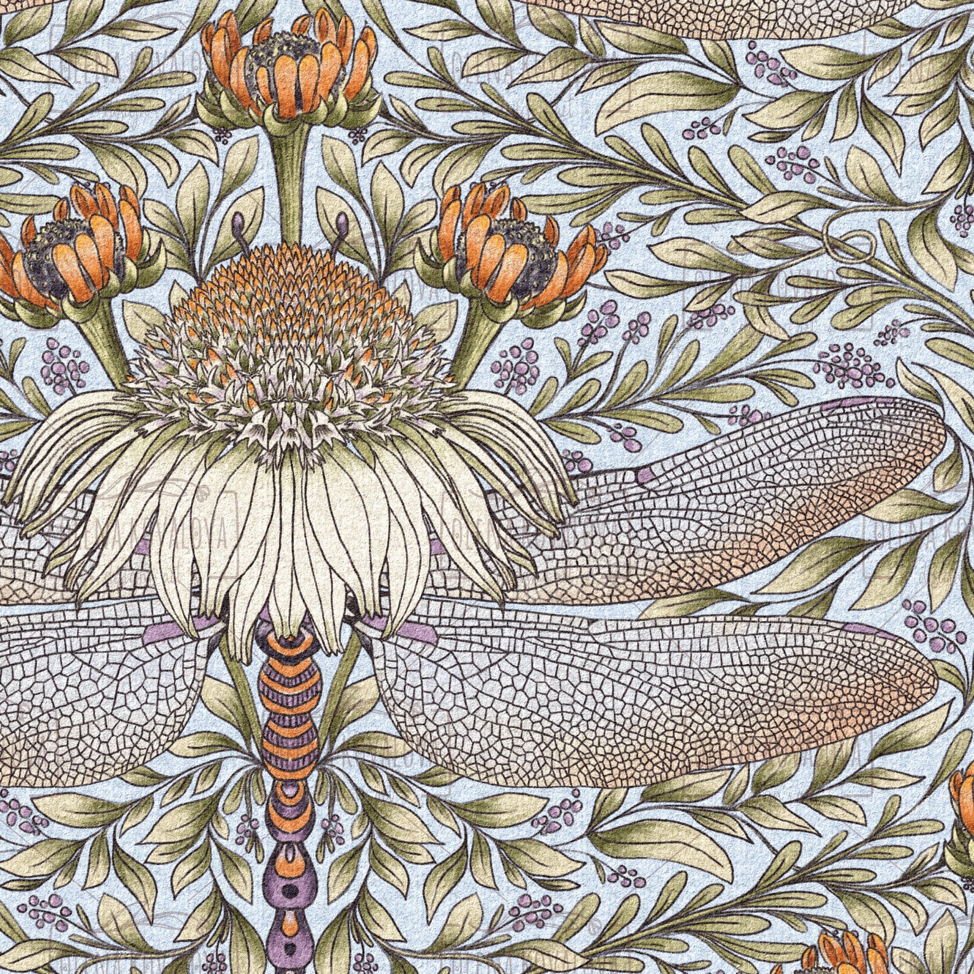 Dragonfly and Cornflower Fog Blue peel and stick wallpaper pattern detail