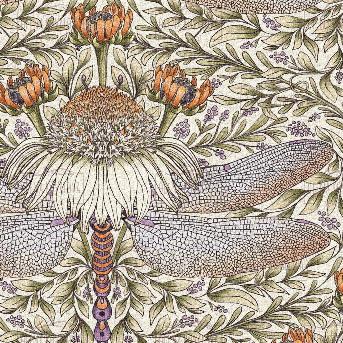Dragonfly and Cornflower Natural peel and stick wallpaper pattern detail