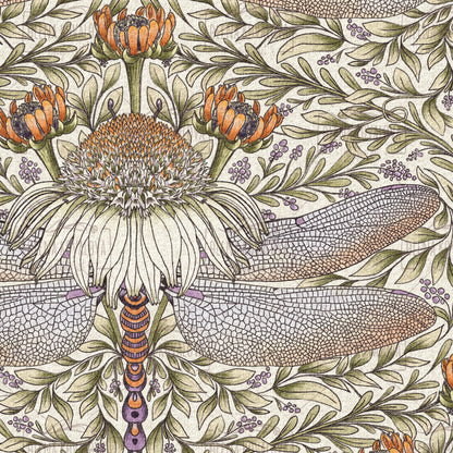 Dragonfly and Cornflower Natural peel and stick wallpaper pattern detail