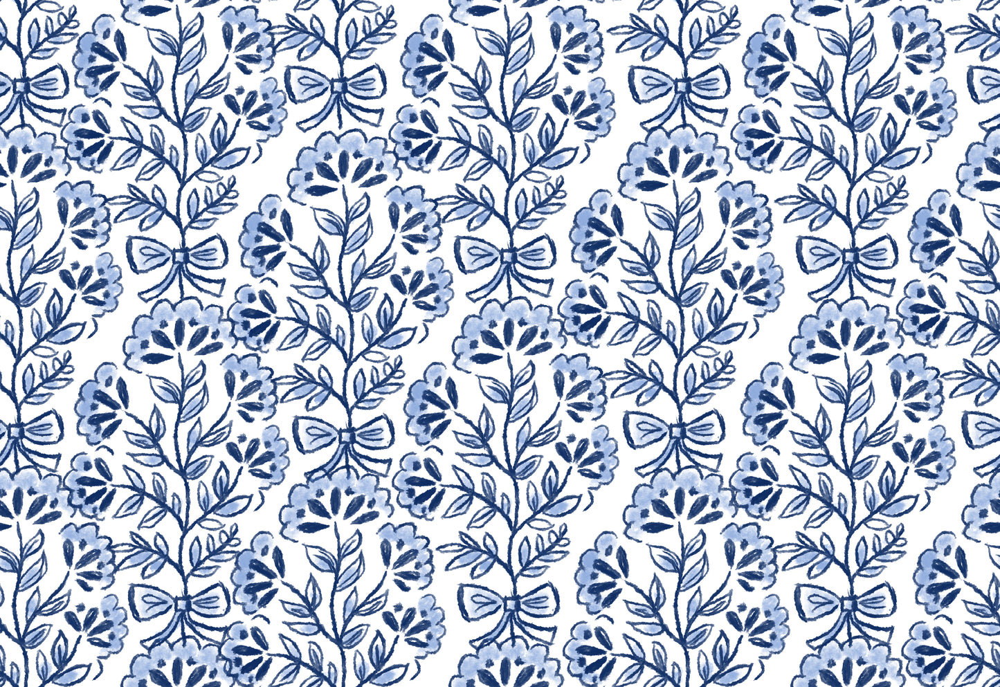 Blue floral and bow pattern on a white background