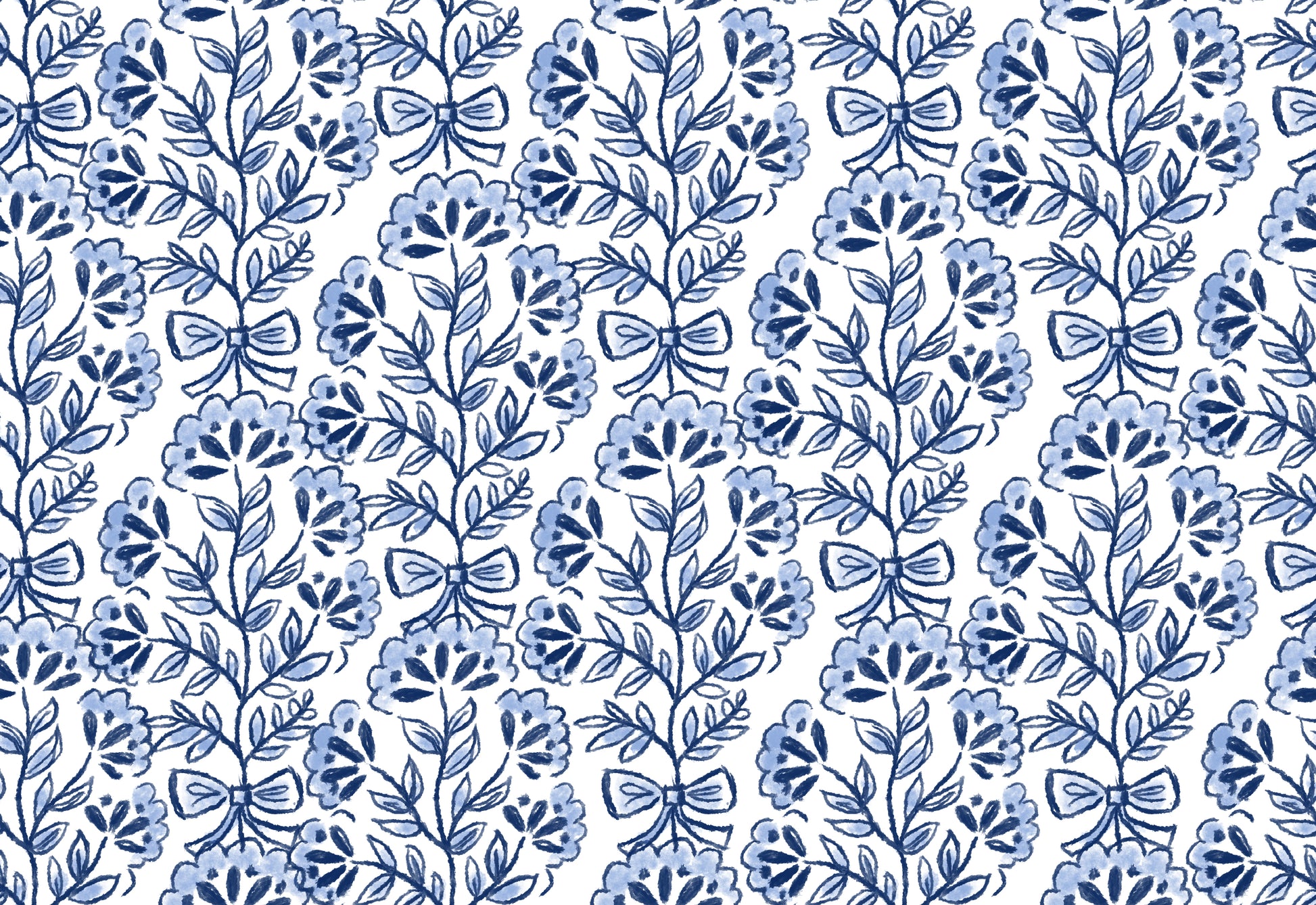 Blue floral and bow pattern on a white background
