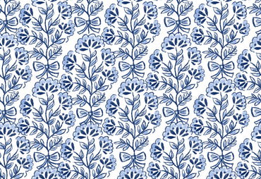 Blue floral and bow pattern on a white background