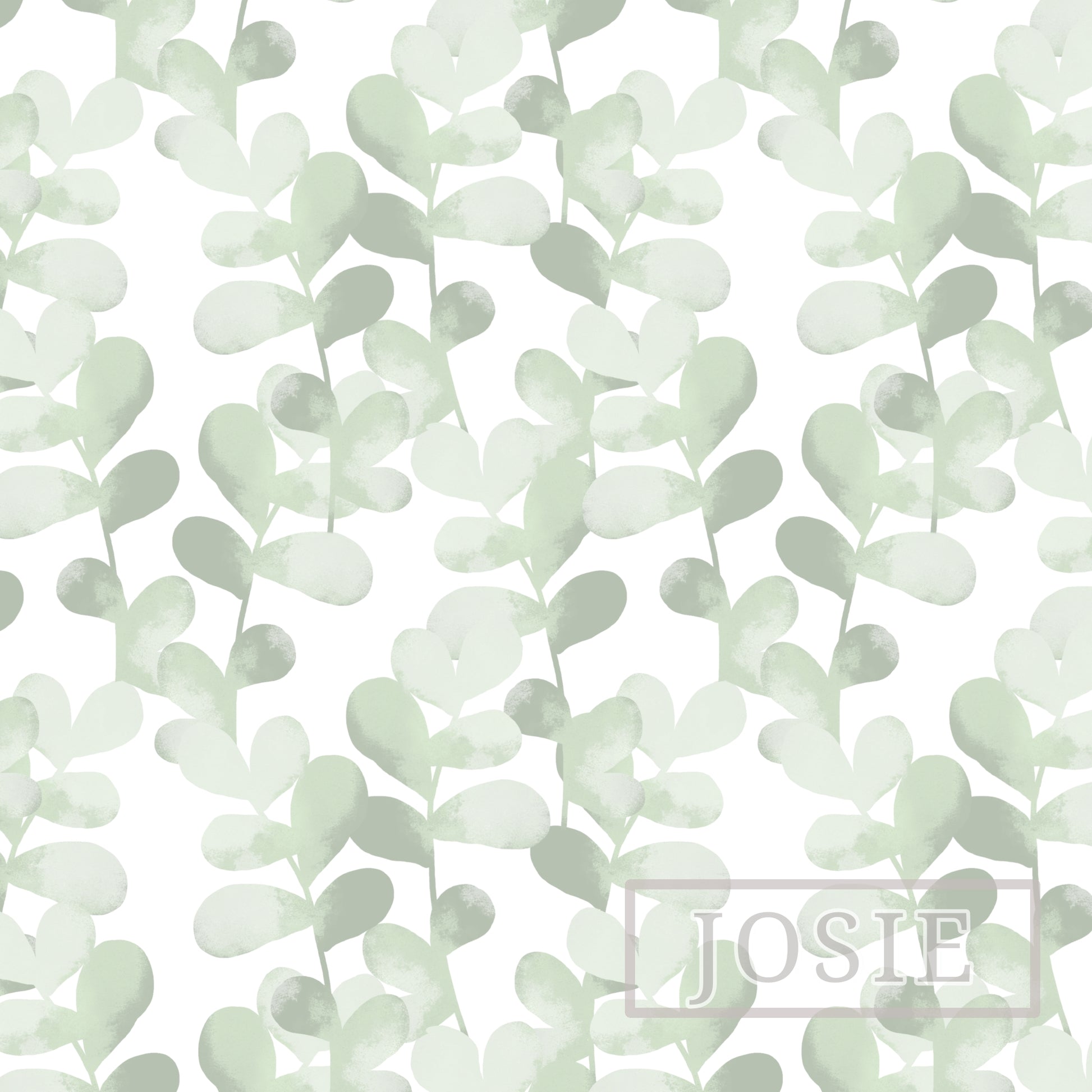 Pattern of light green leaves on a white background with 'JOSIE' branding.