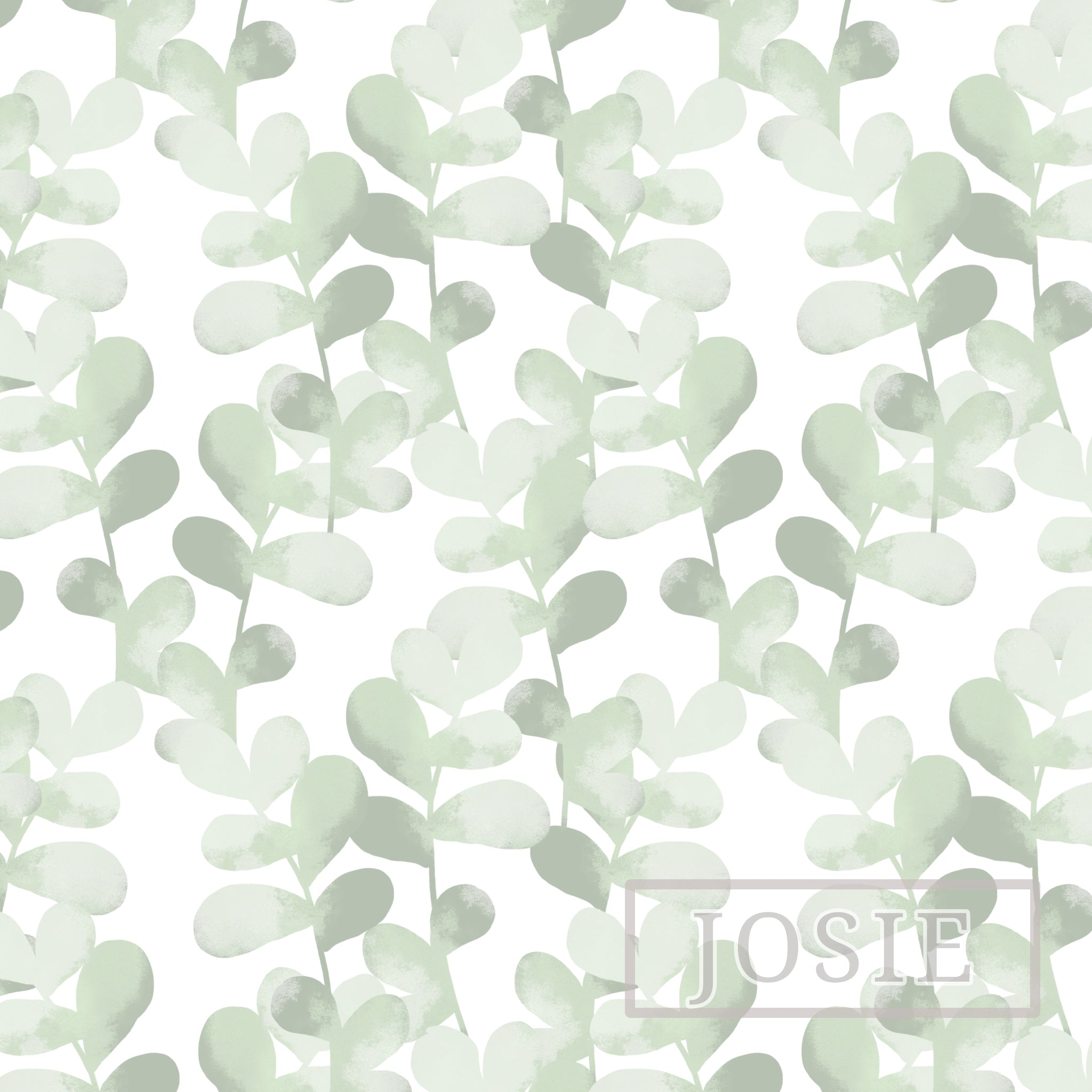 Pattern of light green leaves on a white background with 'JOSIE' branding.