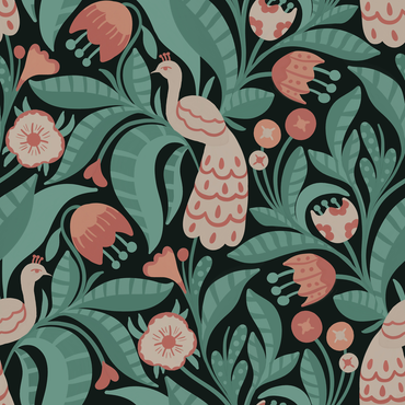 Pattern of pink peacocks and flowers on a dark background