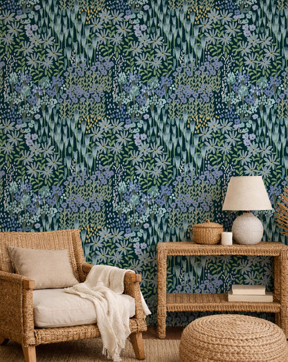 Flower Farm Blue peel and stick wallpaper room mockup
