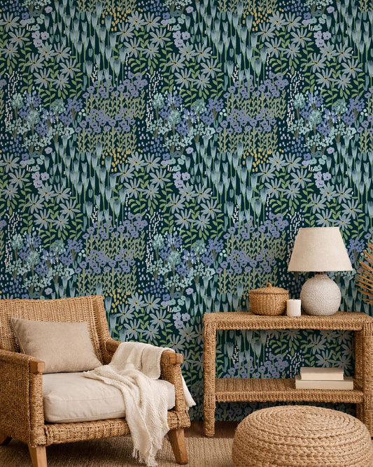 Flower Farm Blue peel and stick wallpaper room mockup