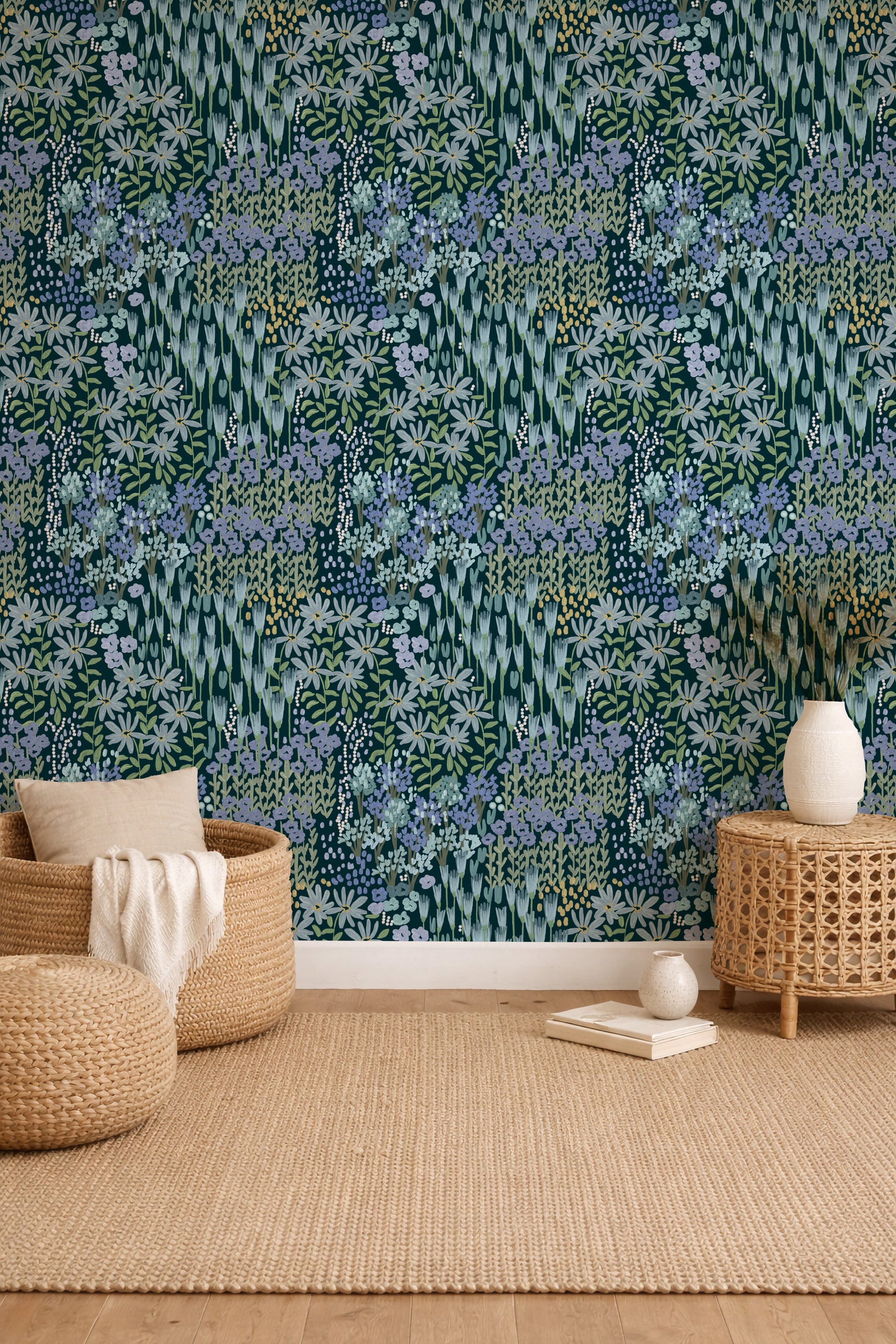 Flower Farm Blue peel and stick wallpaper room mockup