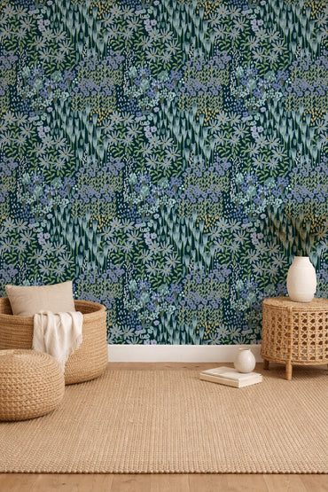 Flower Farm Blue peel and stick wallpaper room mockup