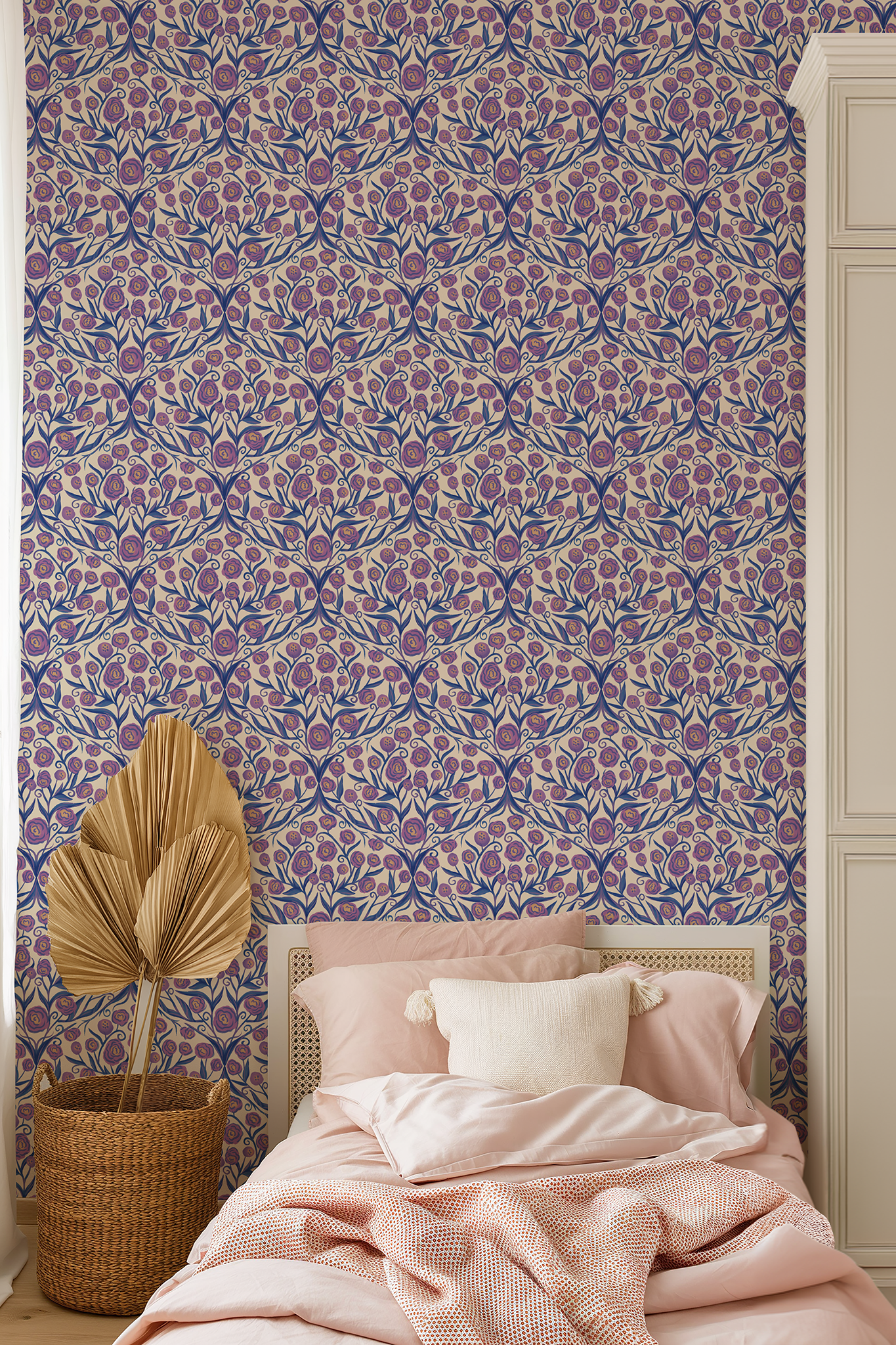 Bedroom with floral patterned wallpaper and pink bedding