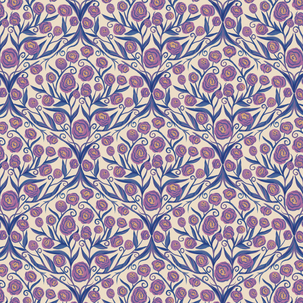 Pattern of purple flowers on a beige background