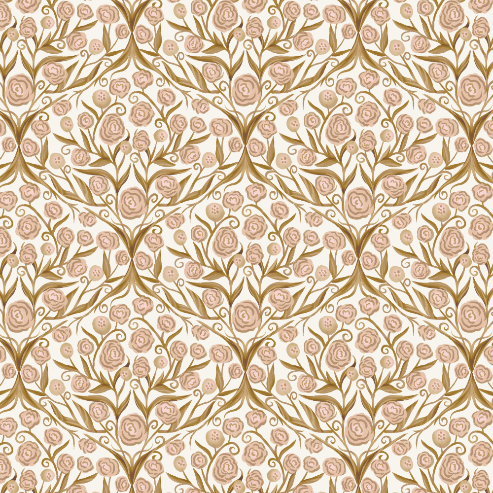 Floral pattern with pink flowers and gold leaves on a white background