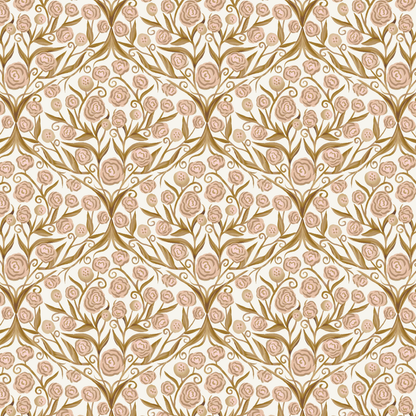 Floral pattern with pink flowers and gold leaves on a white background