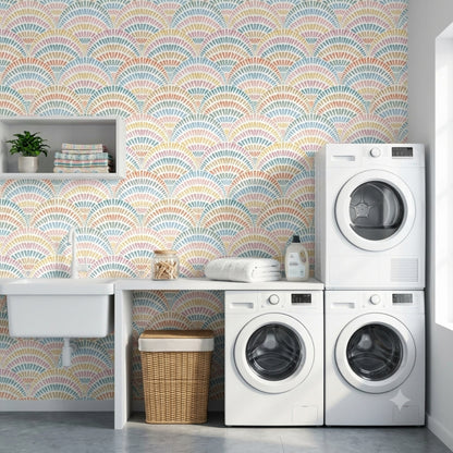 Chromatic Rainbow Arches peel and stick wallpaper featuring colorful repeating rainbow shapes.