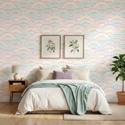 Pastel Rainbow Arches peel and stick wallpaper styled in a bright bedroom.