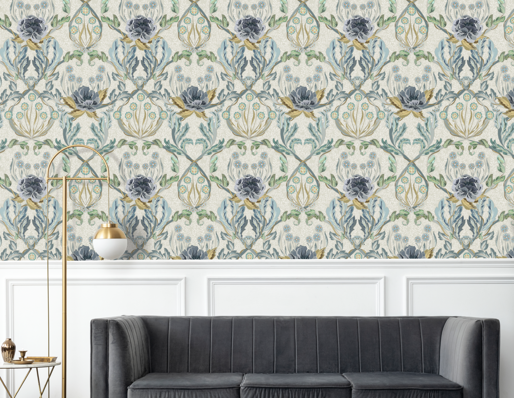 Floral Heritage Morris Hazy Blue peel and stick wallpaper room mockup