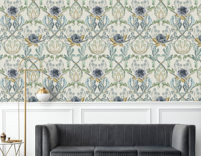 Floral Heritage Morris Hazy Blue peel and stick wallpaper room mockup