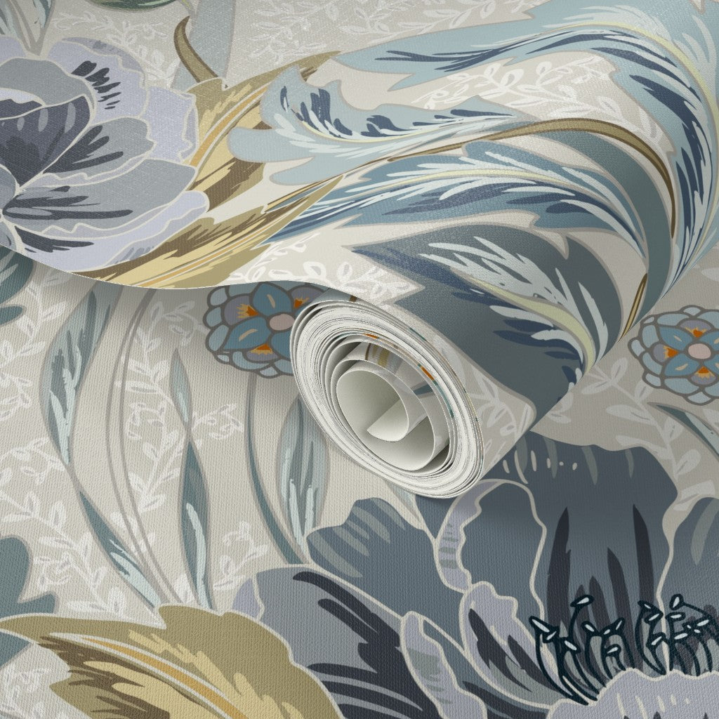 Floral Heritage Morris Hazy Blue peel and stick wallpaper pattern swatch