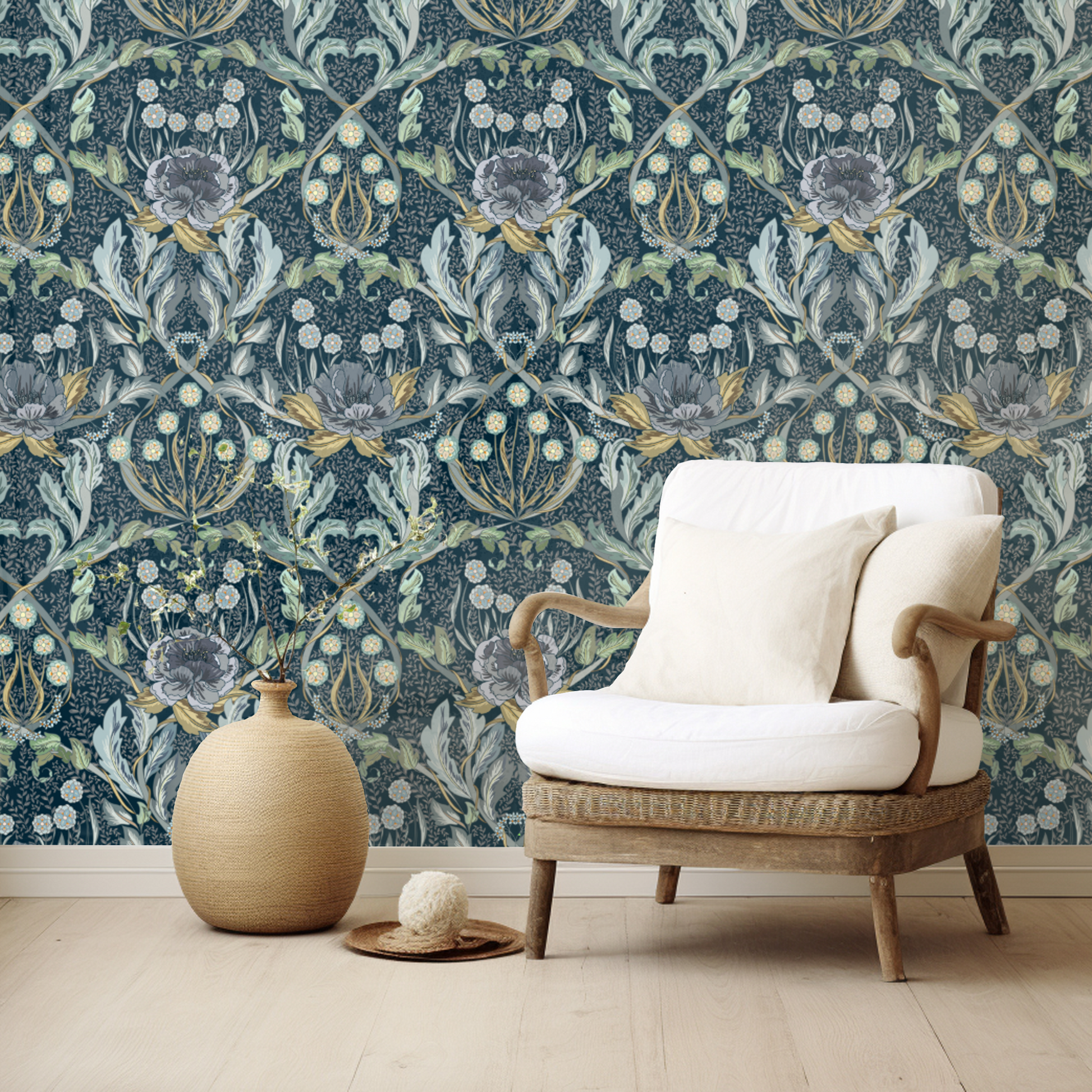 Floral Heritage Morris Moonshine Blue peel and stick wallpaper room mockup