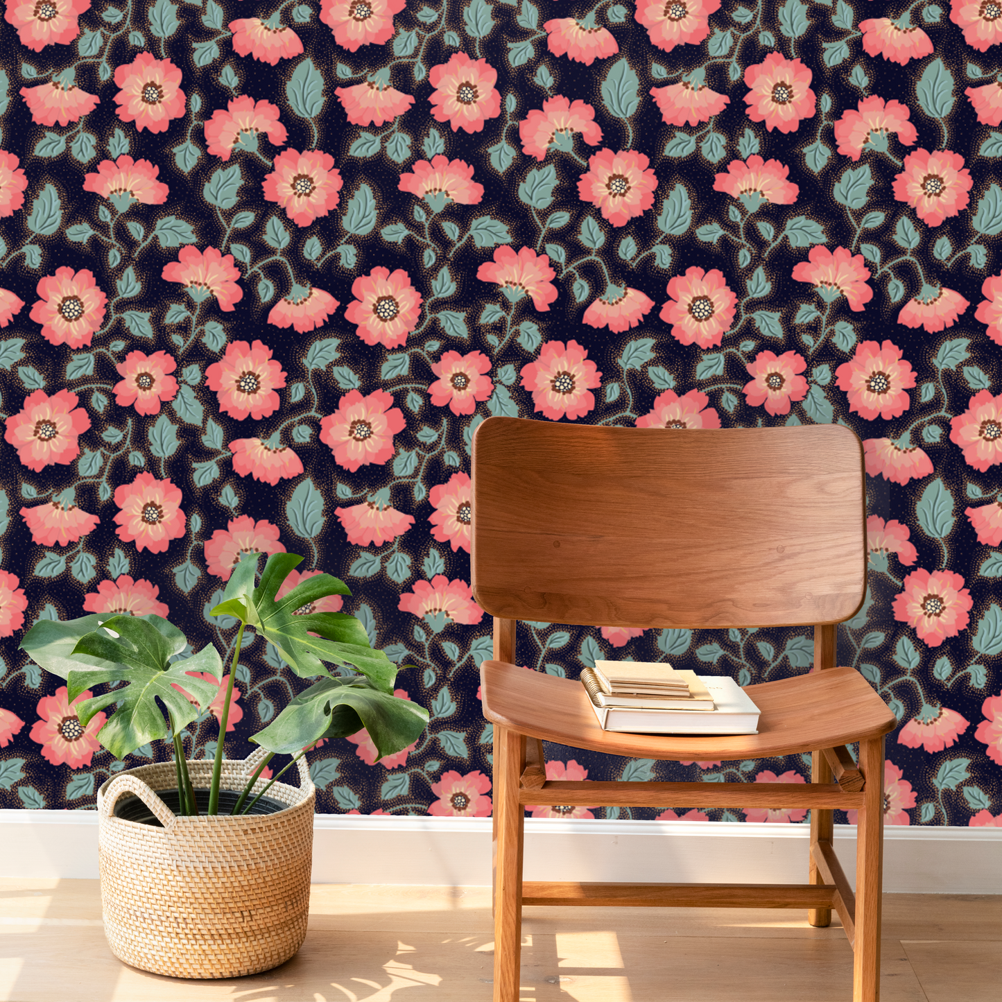 Floral Vintage Nostalgia Dark peel and stick wallpaper room mockup