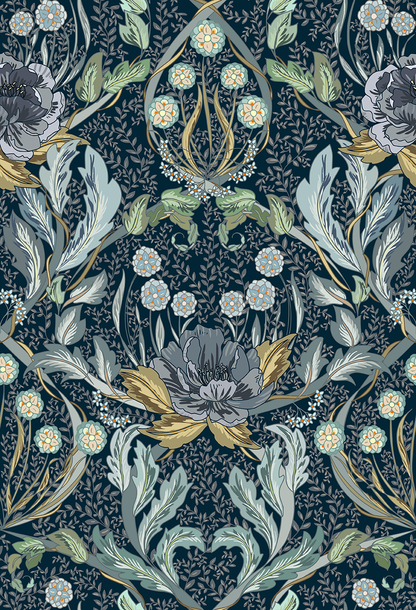 Floral Heritage Morris Blue peel and stick wallpaper room mockup