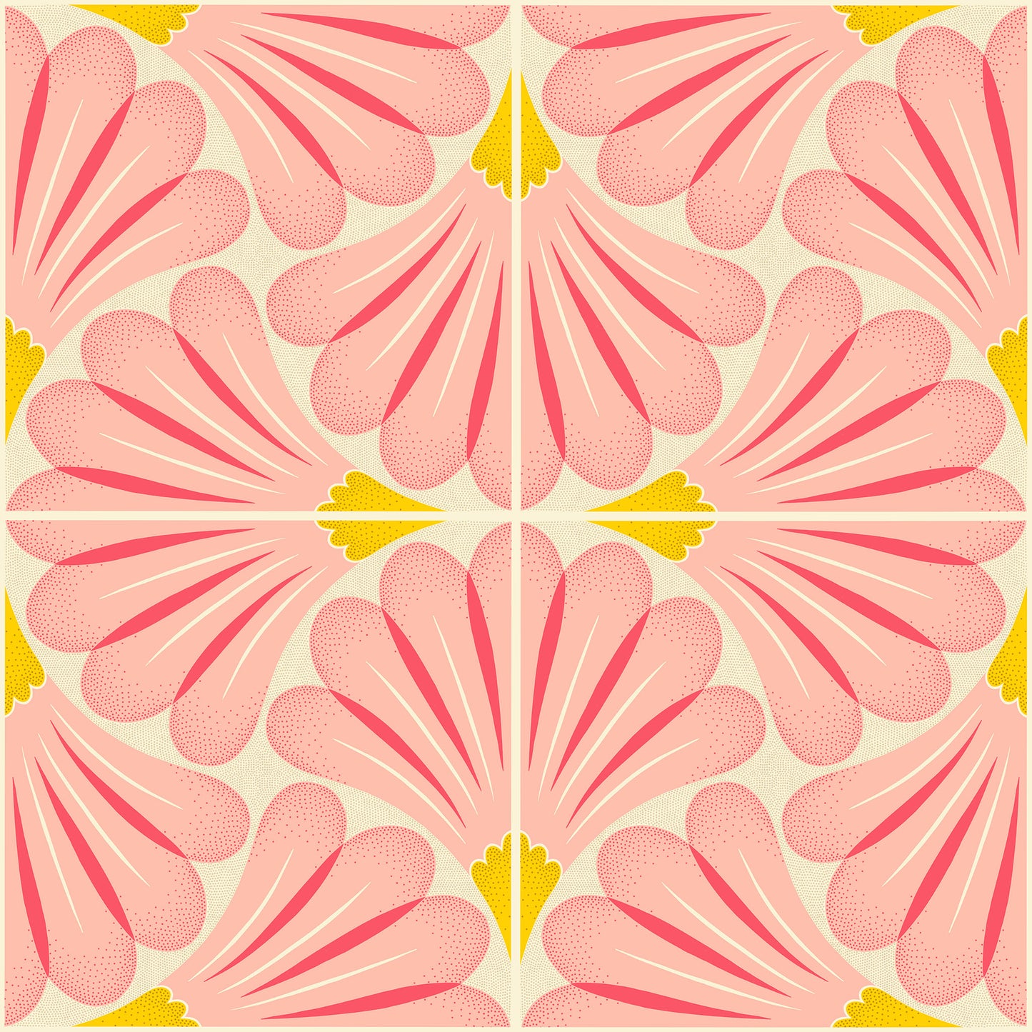 Pattern of pink shapes with yellow accents on a light background
