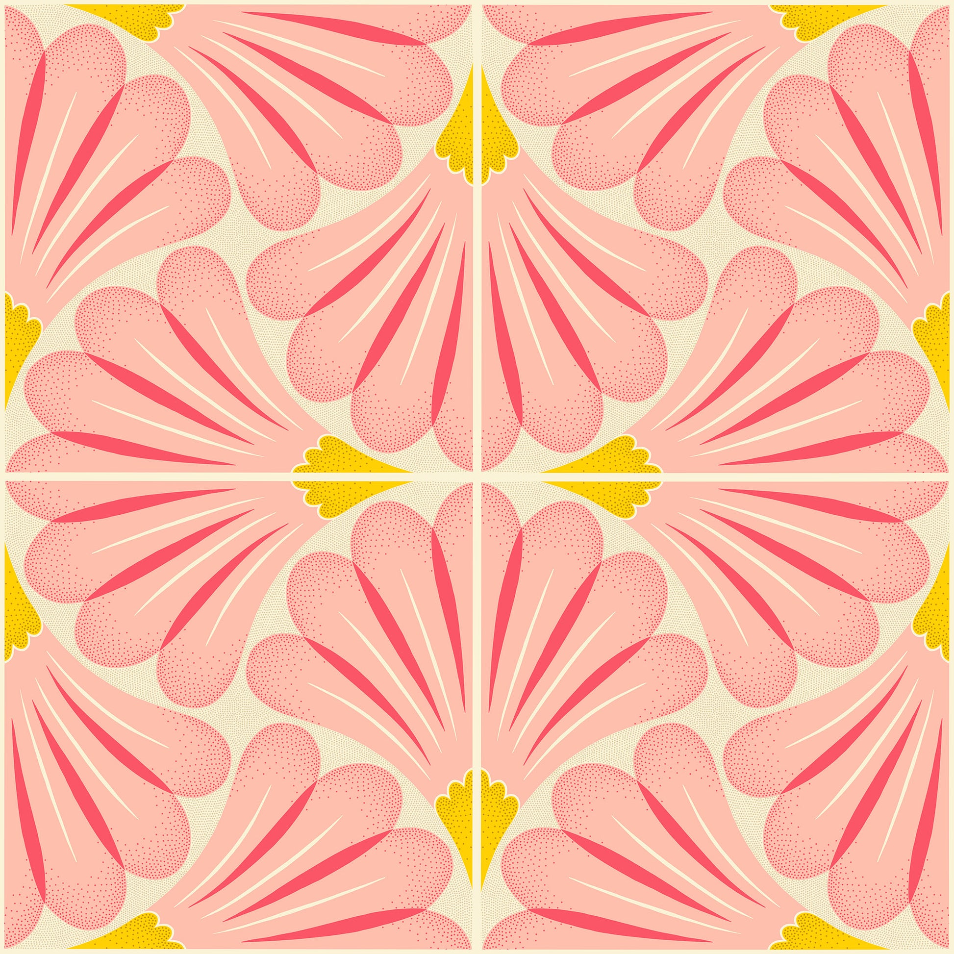 Pattern of pink shapes with yellow accents on a light background
