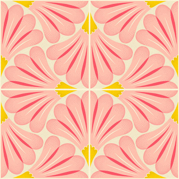 Pattern of pink shapes with yellow accents on a light background