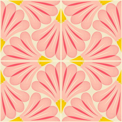 Pattern of pink shapes with yellow accents on a light background