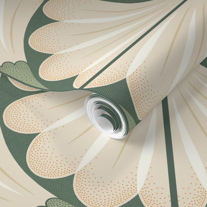 Roll of wallpaper with a floral pattern on a beige and green background