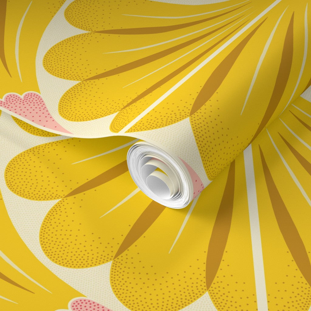 Roll of wallpaper with a floral design on a yellow background