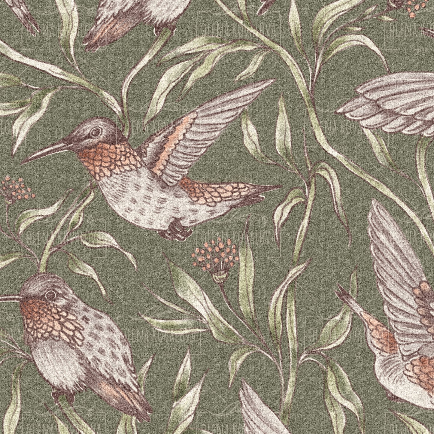 Flying Whimsical Birds Biophilic Green peel and stick wallpaper pattern detail