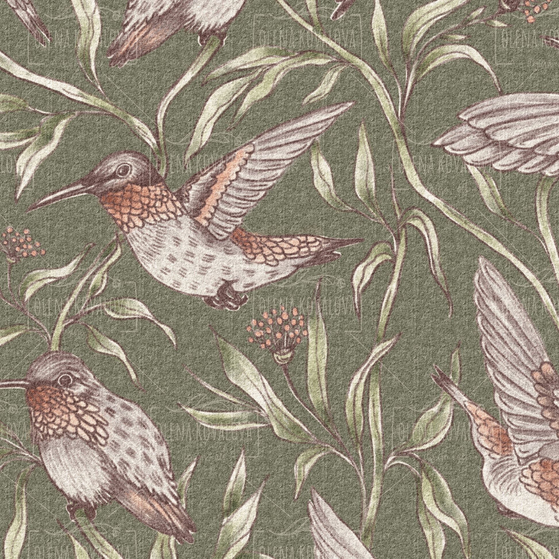 Flying Whimsical Birds Biophilic Green peel and stick wallpaper pattern detail