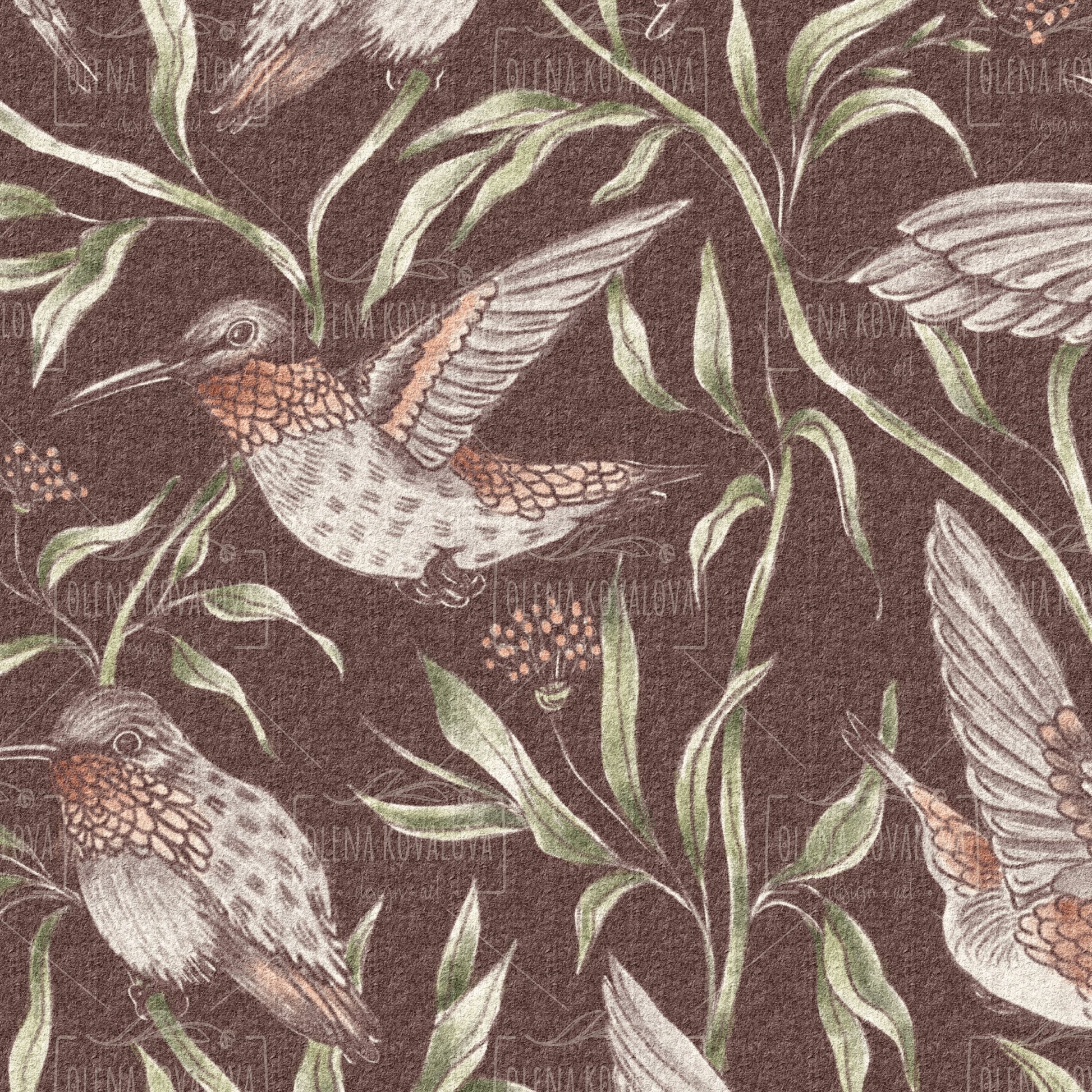 Flying Whimsical Birds Dark Chocolate peel and stick wallpaper pattern detail
